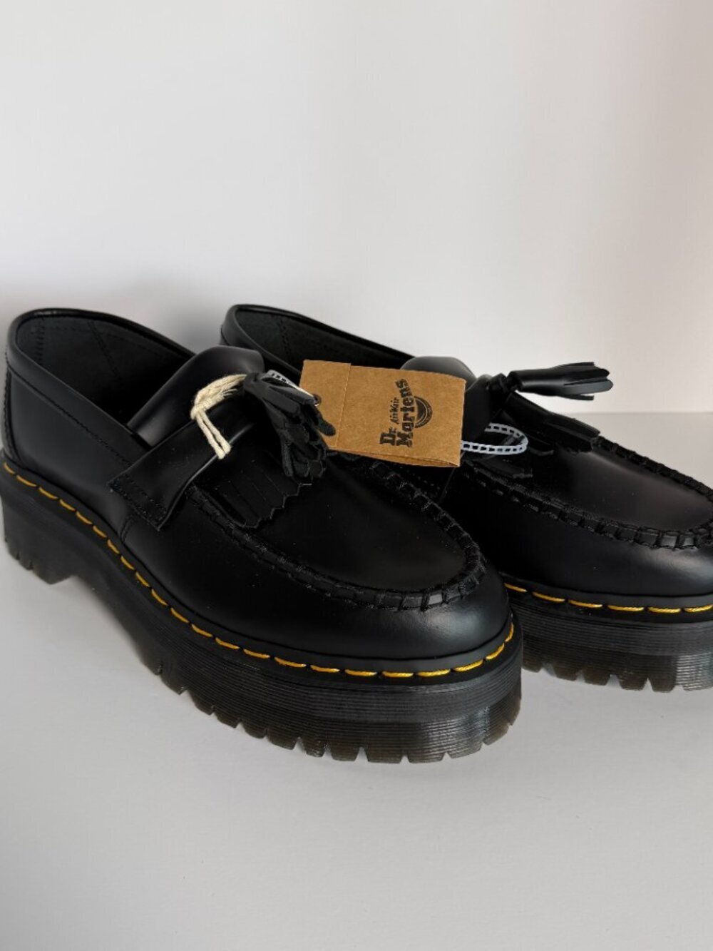 Dr. Martens Black Leather Tassel Loafers with Yellow Stitching